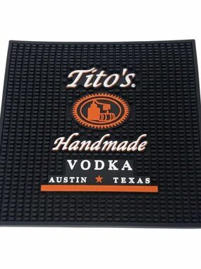 Tito’s Handmade Vodka style rubber bar mat 11.5" square black with orange logo